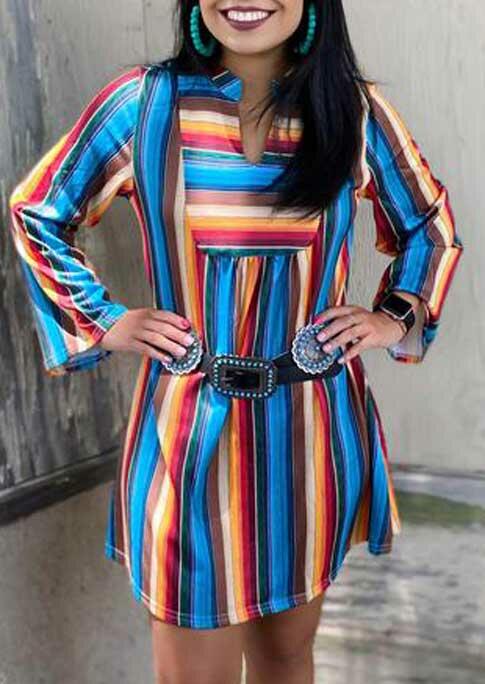 

Serape Striped V-Neck Long Sleeve Mini Dress without Belt, Multicolor, 488126