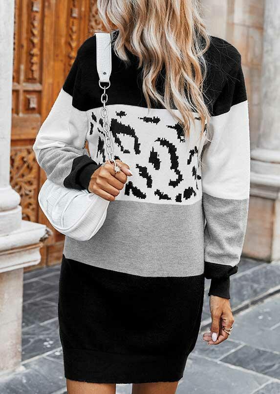Color Block Leopard Long Sleeve Mini Dress