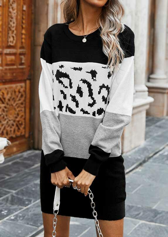 

Mini Dresses Color Block Leopard Long Sleeve Mini Dress in Multicolor. Size: ,M,L