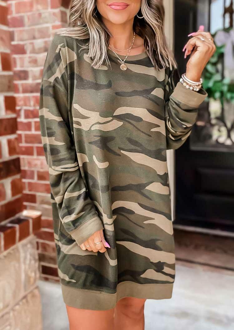 Camouflage Long Sleeve Loose Mini Sweatshirt Dress