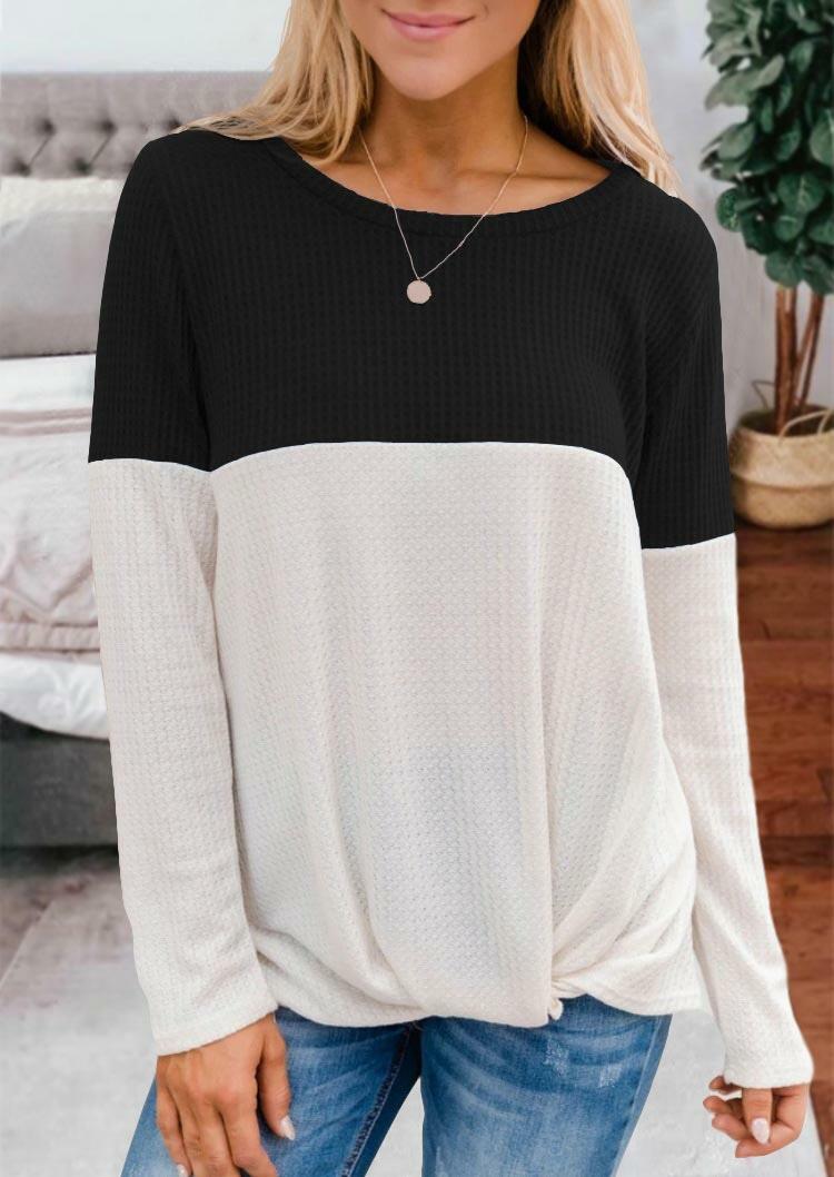 

Blouses Color Block Twist O-Neck Blouse in Black. Size