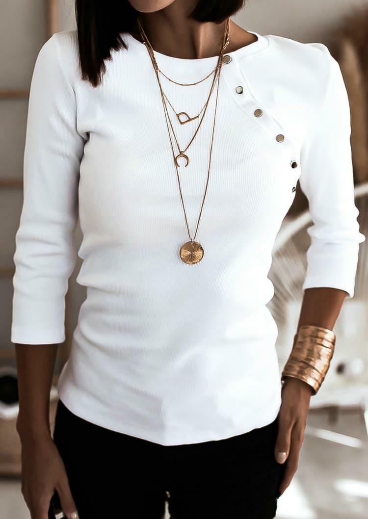 

Blouses Bevel Button O-Neck Long Sleeve Blouse in White. Size