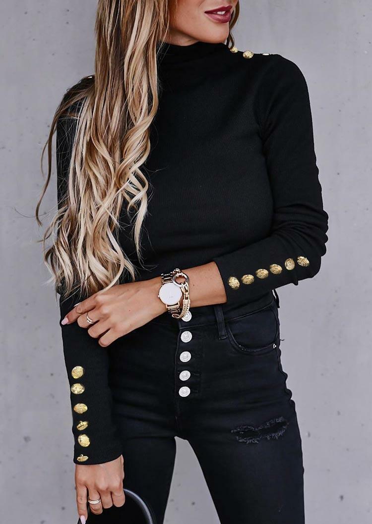 

Blouses Button Long Sleeve Turtleneck Slim Blouse in Black. Size: S