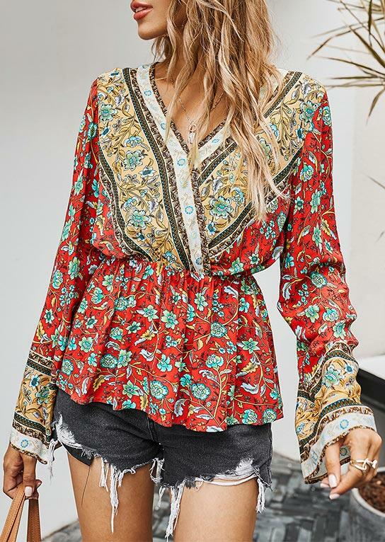 

Blouses Ruffled Ethnic Style Floral V-Neck Long Sleeve Blouse in Red. Size