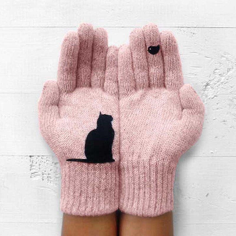 

Winter Warm Black Cat Bird Knitted Gloves, Pink;gray, 488046