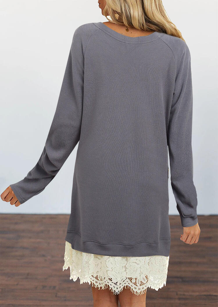 

Mini Dresses Lace Splicing Long Sleeve V-Neck Mini Dress in Gray. Size: L,M