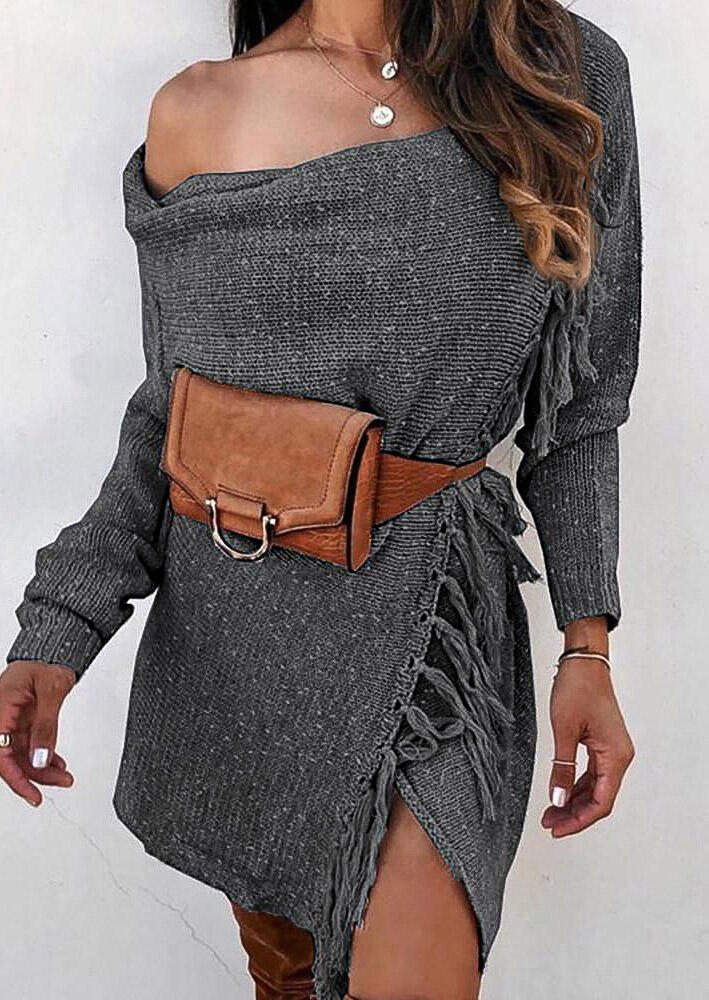 Tassel Splicing O-Neck Long Sleeve Sweater Mini Dress - Dark Grey