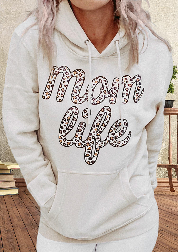 

Hoodies Leopard Mom Life Kangaroo Pocket Drawstring Hoodie in White. Size