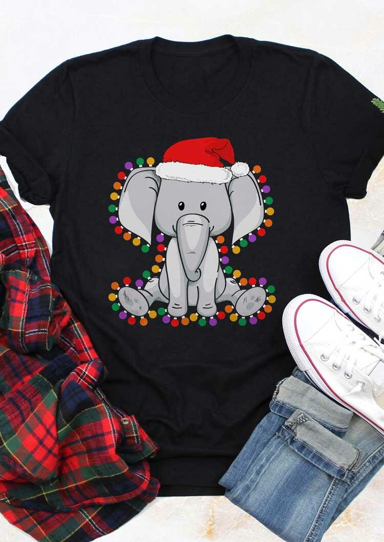 

T-shirts Tees Christmas Hat Colorful Bulb Elephant T-Shirt Tee in Black. Size