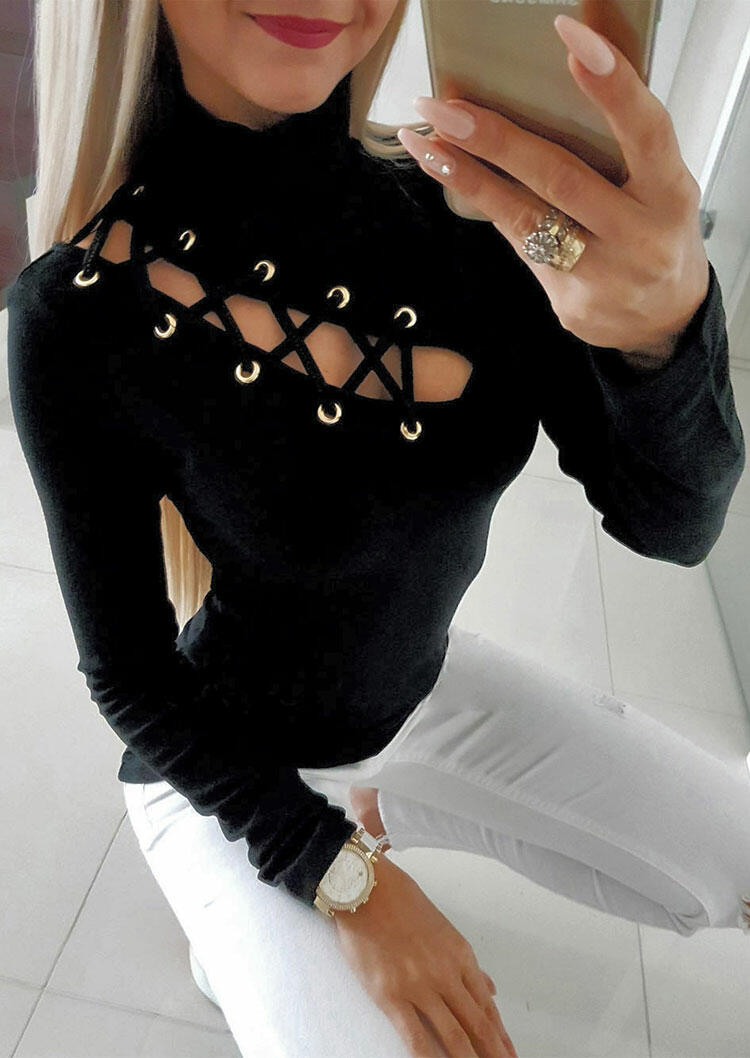 

Blouses Lace Up Hollow Out Long Sleeve Turtleneck Blouse in Black. Size
