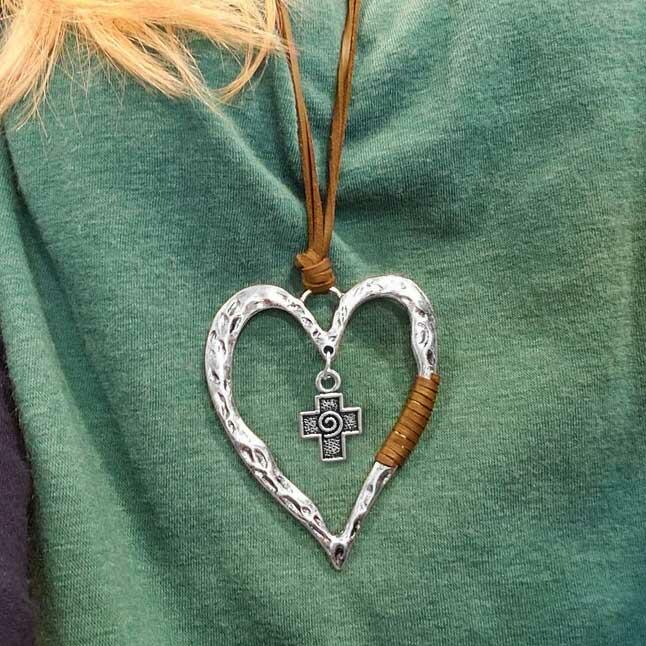 Vintage Heart Cross Braided Sweater Chain Necklace - Light Coffee