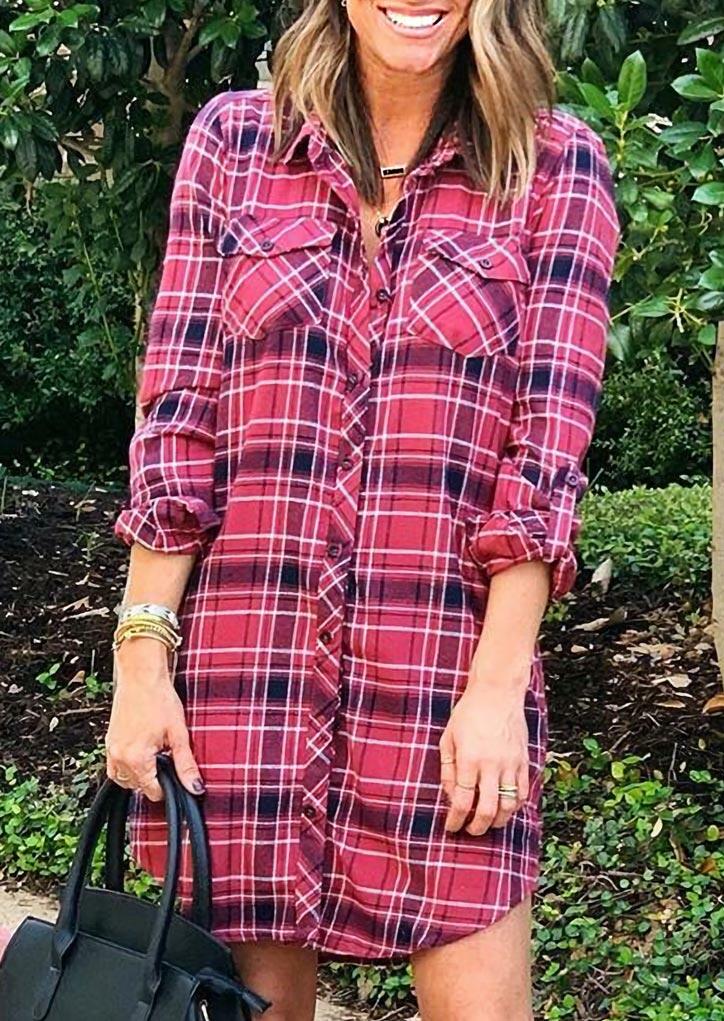 

Plaid Pocket Turn-Down Collar Shirt Mini Dress - Rose Red, 488276