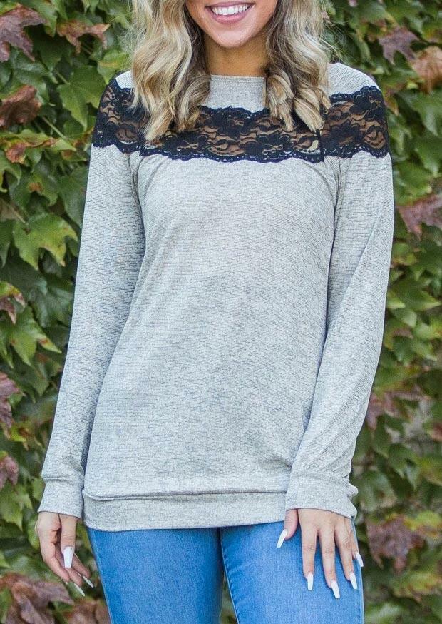 

Blouses Lace Splicing Long Sleeve O-Neck Blouse in Gray. Size