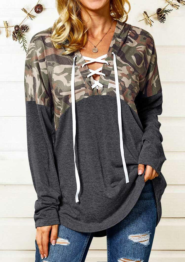 

Camouflage Splicing Lace Up Hooded Blouse, 488280