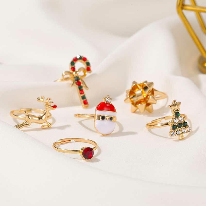 

Rings 6Pcs Christmas Tree Reindeer Santa Claus Rhinestone Rings Set in Gold. Size