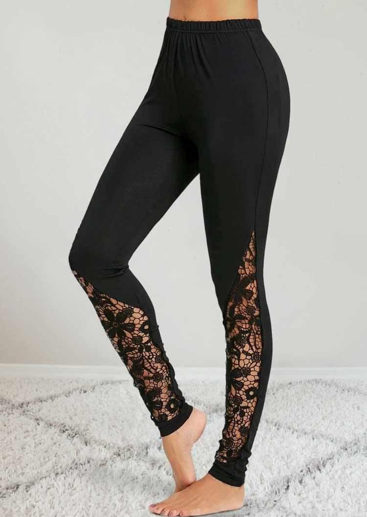 

Lace Floral Splicing Hollow Out Elastic Waist Leggings - Black, 488296