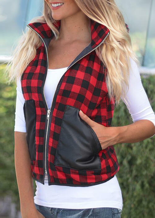 

Buffalo Plaid Splicing Pocket Zipper Hooded Vest Coat, 485225