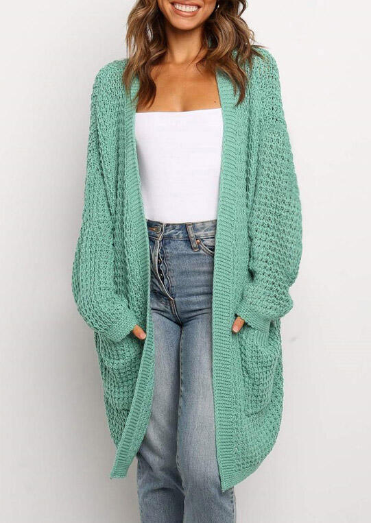 

Cardigans Knitted Pocket Open Front Sweater Long Cardigan in Green. Size