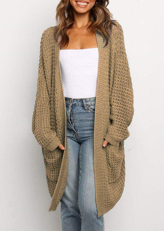 

Cardigans Knitted Pocket Open Front Sweater Long Cardigan in Khaki. Size