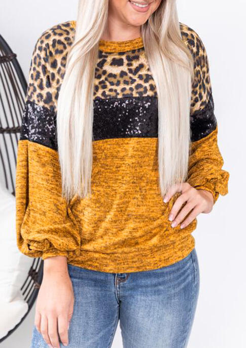 

Blouses Leopard Splicing Sequined Lantern Sleeve Blouse in Yellow. Size