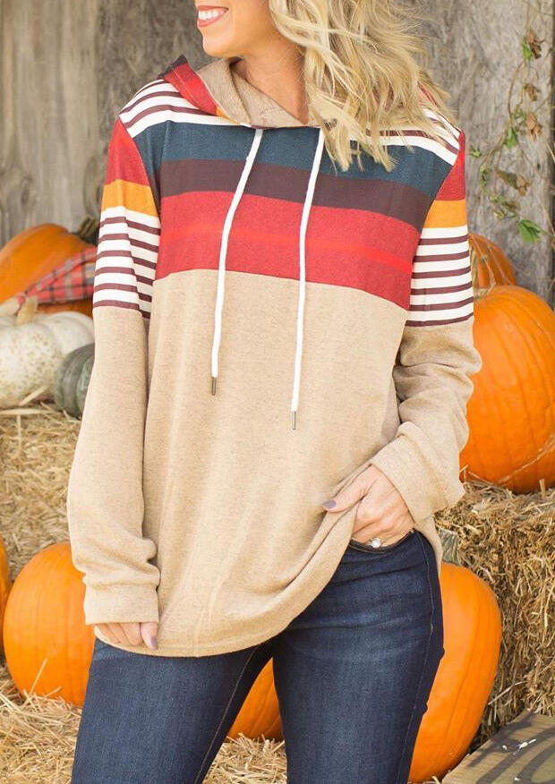 

Hoodies Colorful Striped Splicing Drawstring Pullover Hoodie in Multicolor. Size