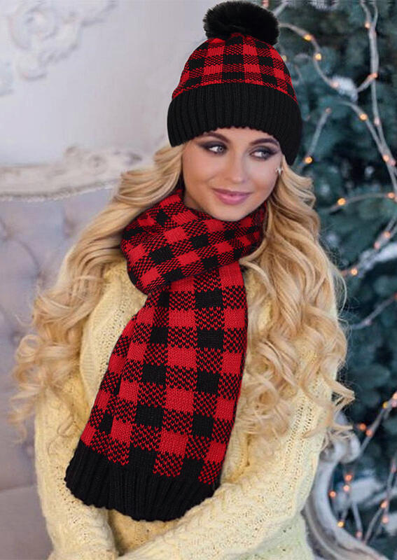 

Hats Classic Buffalo Plaid Knitted Scarf And Hairball Hat in Red. Size