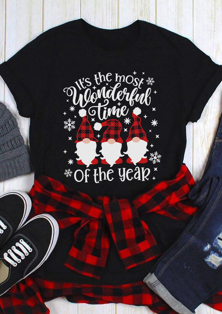 

T-shirts Tees Christmas Gnomies Plaid Wonderful Time T-Shirt Tee in Black. Size