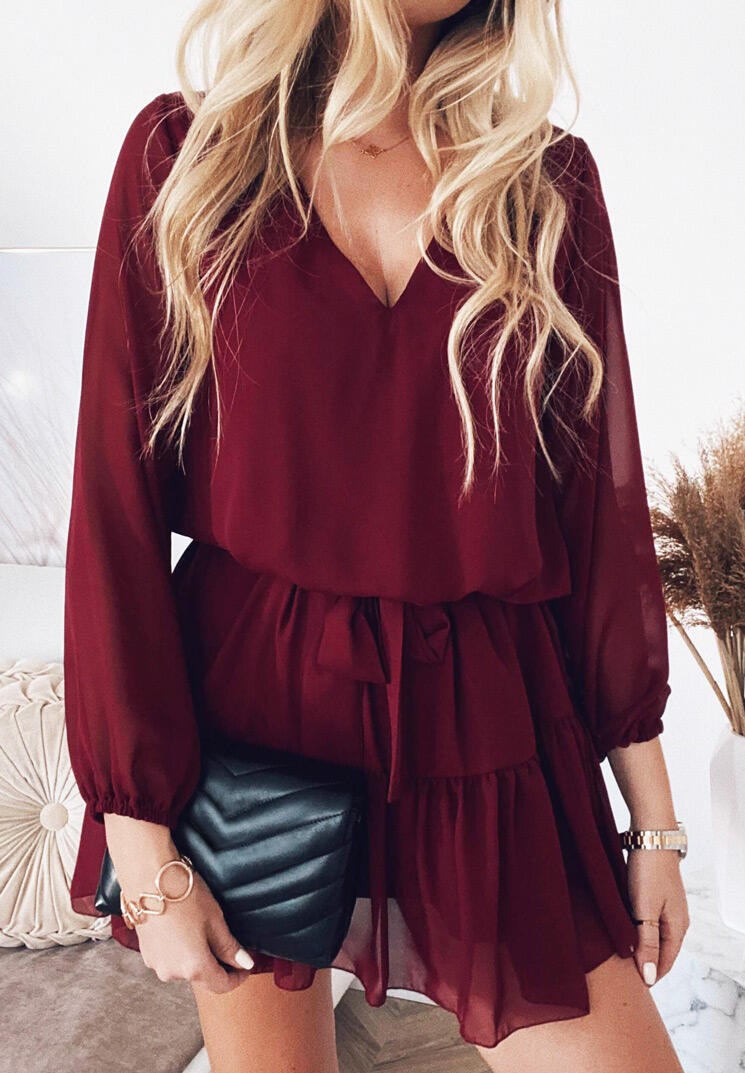 

Mini Dresses Ruffled Elastic Cuff V-Neck Mini Dress in Burgundy. Size