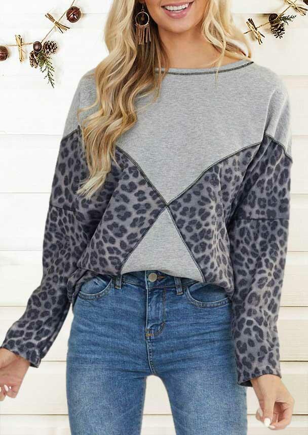 

Sweatshirts Leopard Splicing Long Sleeve O-Neck Sweatshirt in Gray. Size: ,XL