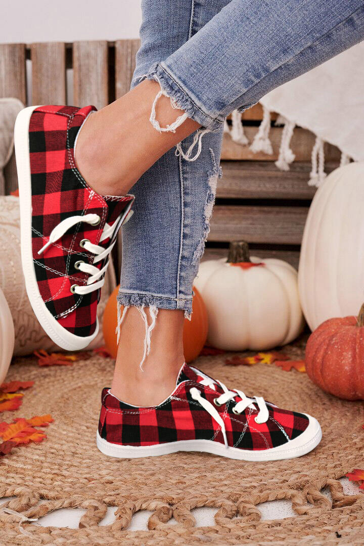 Buffalo Plaid Lace Up Flat Canvas Sneaker - Red