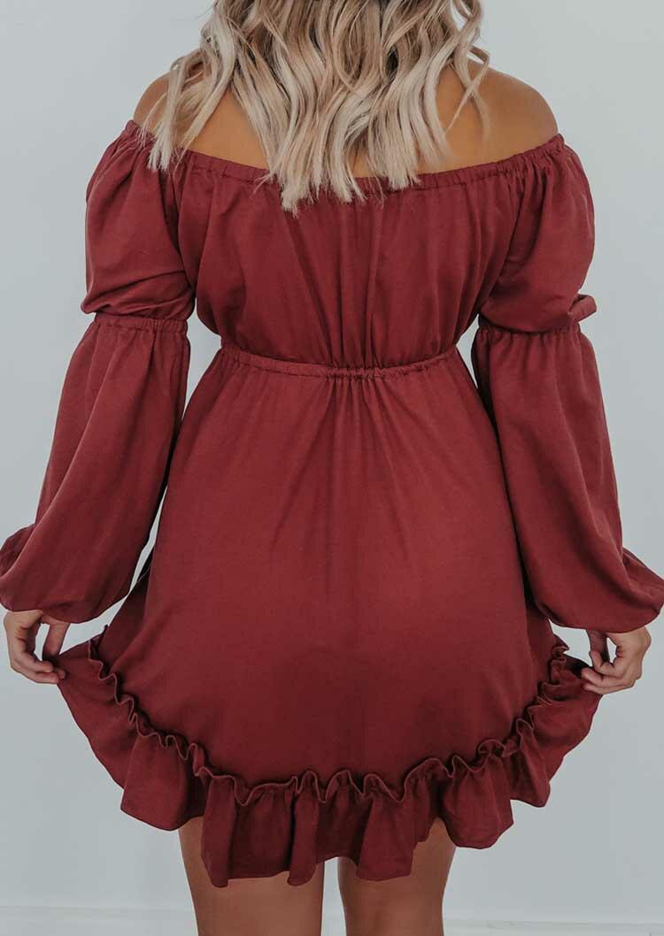 

Mini Dresses Ruffled Tie Lantern Sleeve Off Shoulder Mini Dress in Burgundy. Size