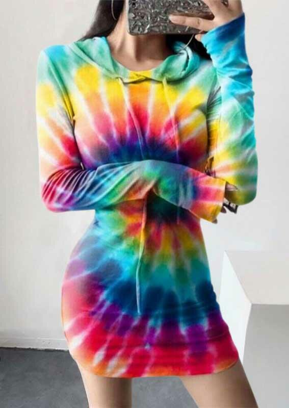 

Bodycon Dresses Tie Dye Swirl Drawstring Hooded Long Sleeve Bodycon Dress in Multicolor. Size