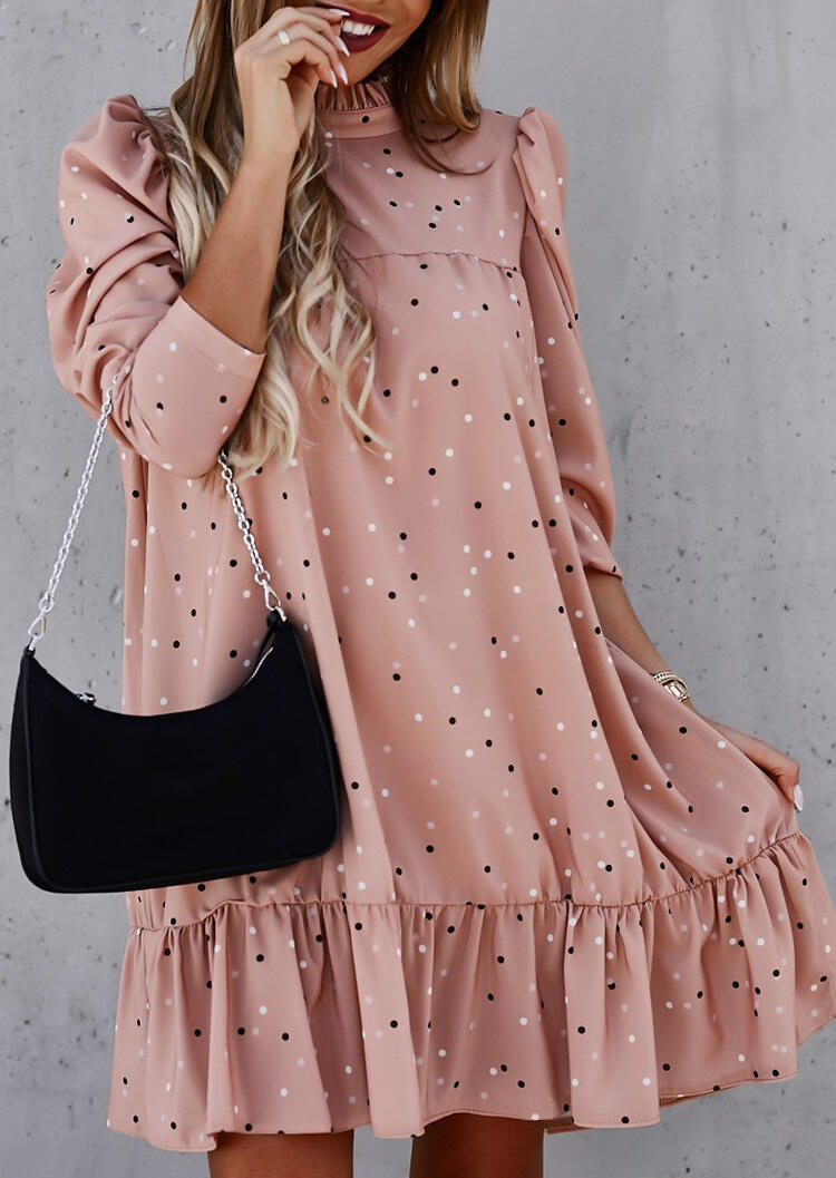 

Mini Dresses Polka Dot Ruffled Hollow Out Button Mini Dress in Pink. Size: S,M,,XL