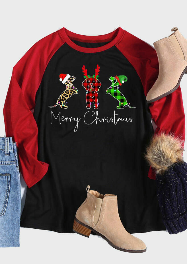 

Merry Christmas Dachshund Leopard Plaid T-Shirt Tee - Red, 488351