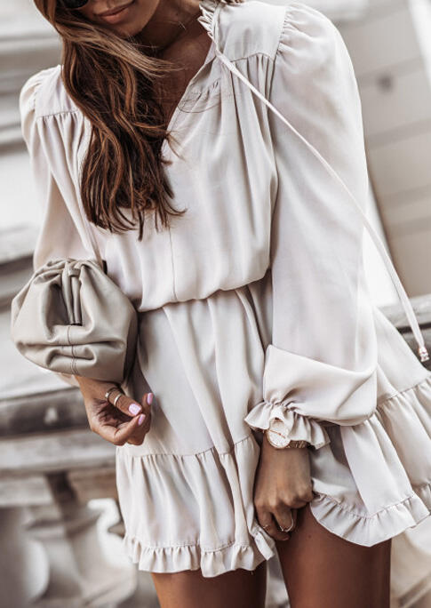 

Mini Dresses Ruffled V-Neck Elastic Cuff Mini Dress in Beige. Size: S,M,,XL