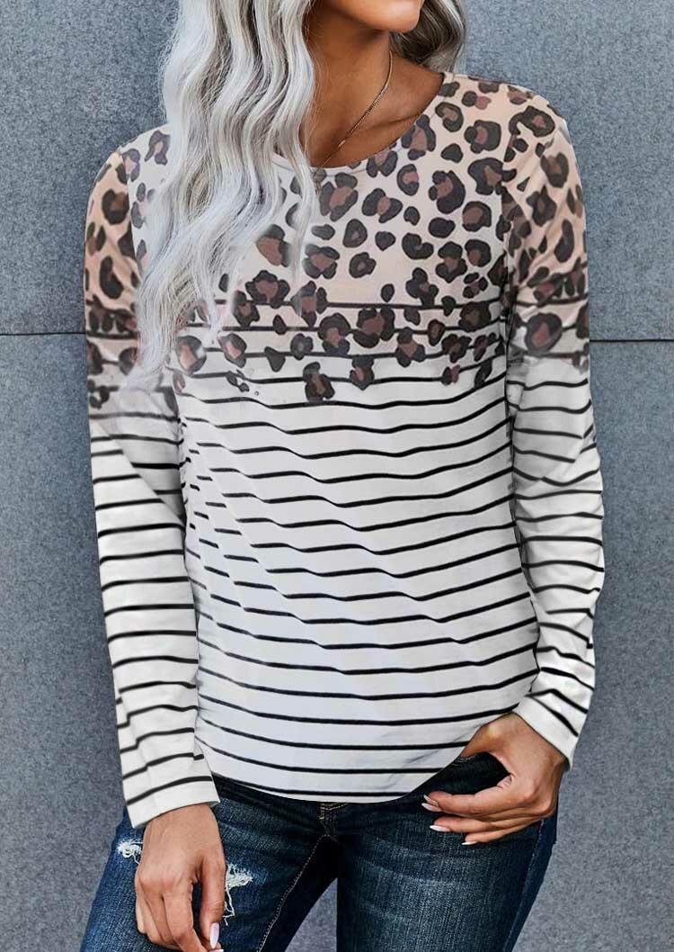 

Leopard Striped Splicing Long Sleeve Blouse, Stripe, 488380