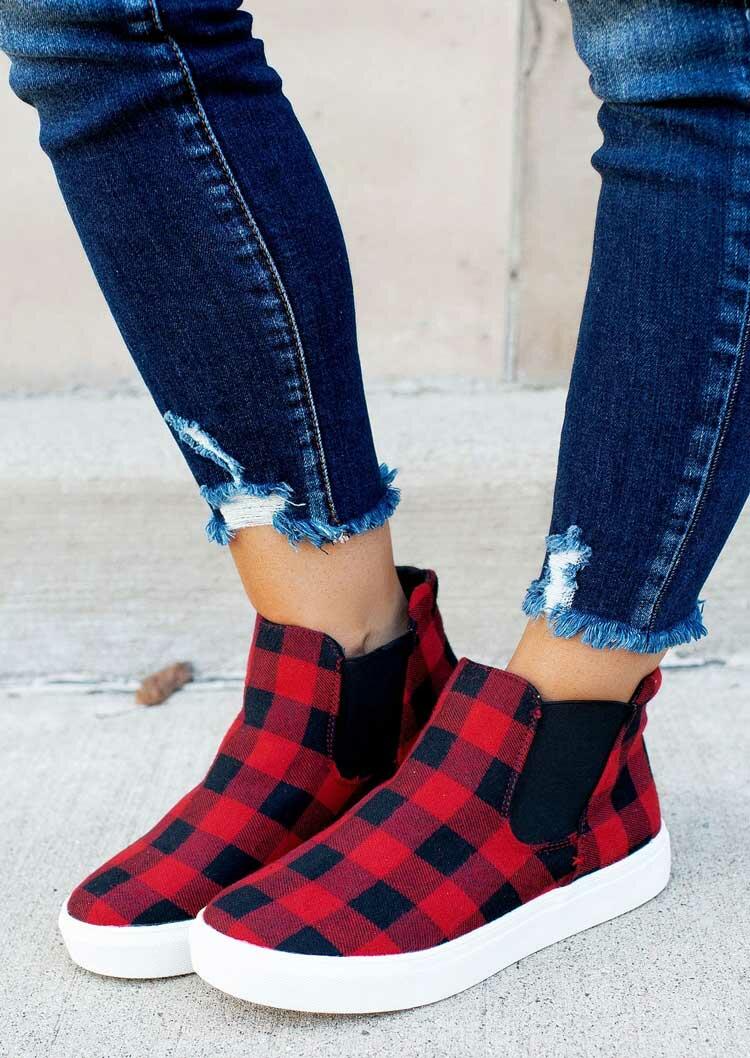 

Sneakers Buffalo Plaid Splicing Elastic Band Flat Sneakers in Red. Size: ,41