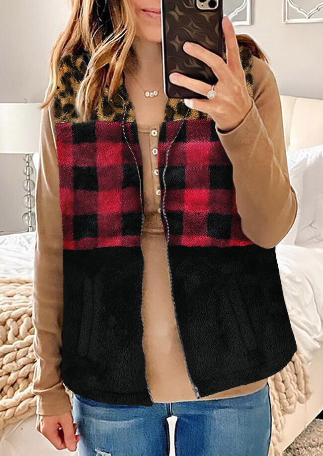 

Buffalo Plaid Leopard Splicing Zipper Fleece Vest Coat, 483453