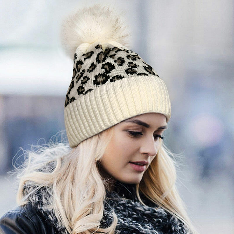 

Hats Leopard Winter Warm Knitted Hairball Hat in Red. Size