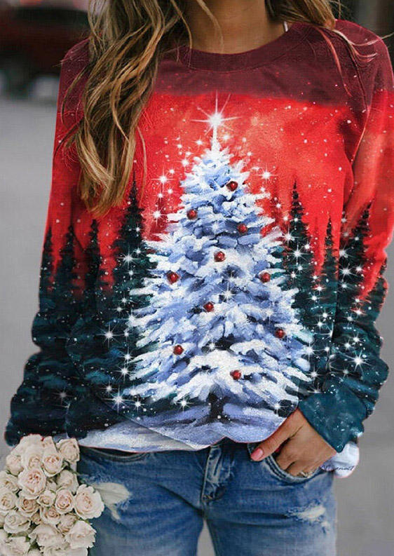 

Sweatshirts Christmas Tree Snowflake O-Neck Pullover Sweatshirt in Red. Size