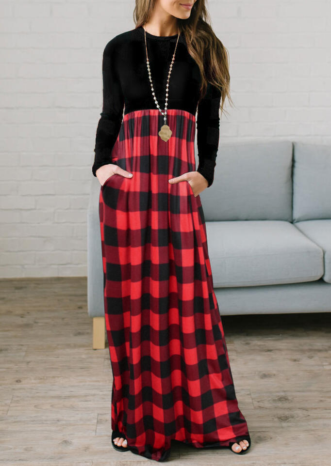 

Maxi Dresses Buffalo Plaid Pocket Maxi Dress in Black. Size