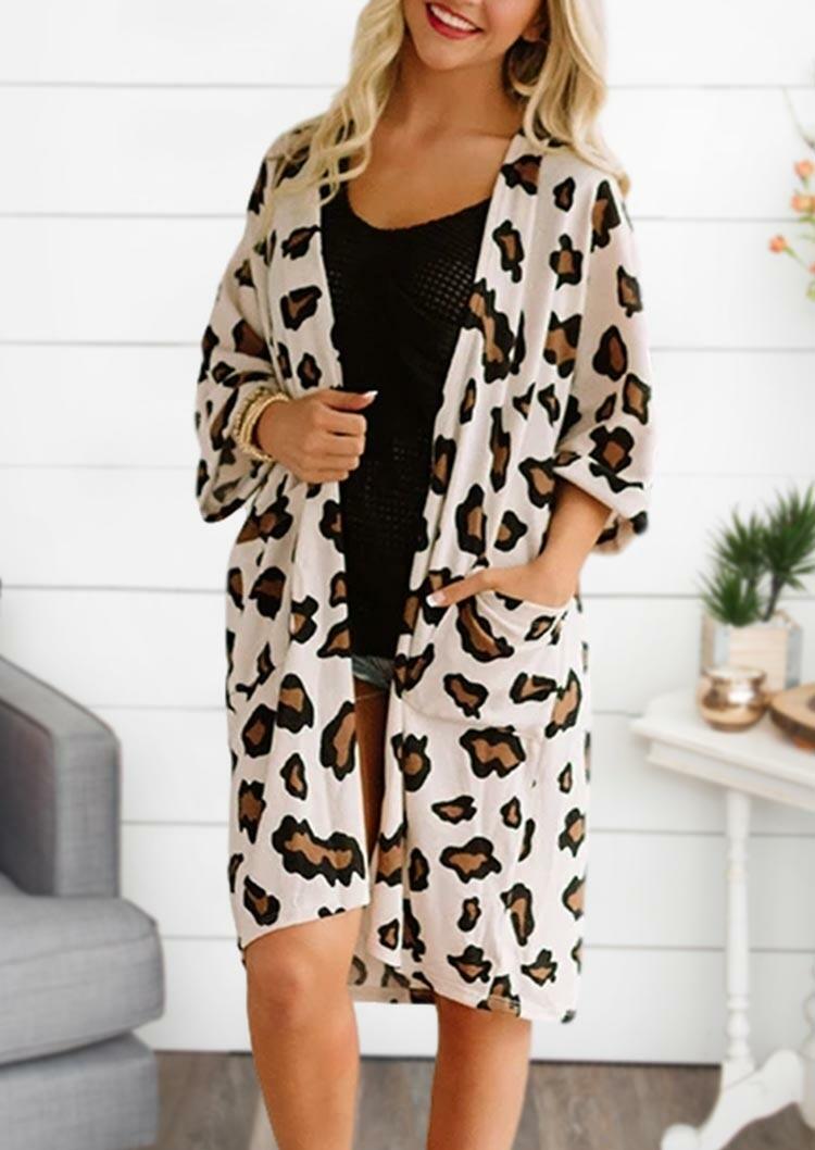 

Leopard Pocket Casual Open Front Long Cardigan, 488271