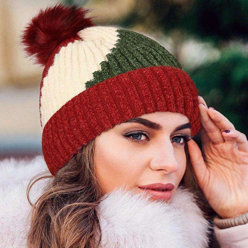 

Hats Winter Warm Color Block Hairball Knitted Toque Hat in Red. Size