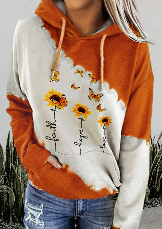 

Faith Hope Love Sunflower Kangaroo Pocket Drawstring Hoodie - Orange, 488371