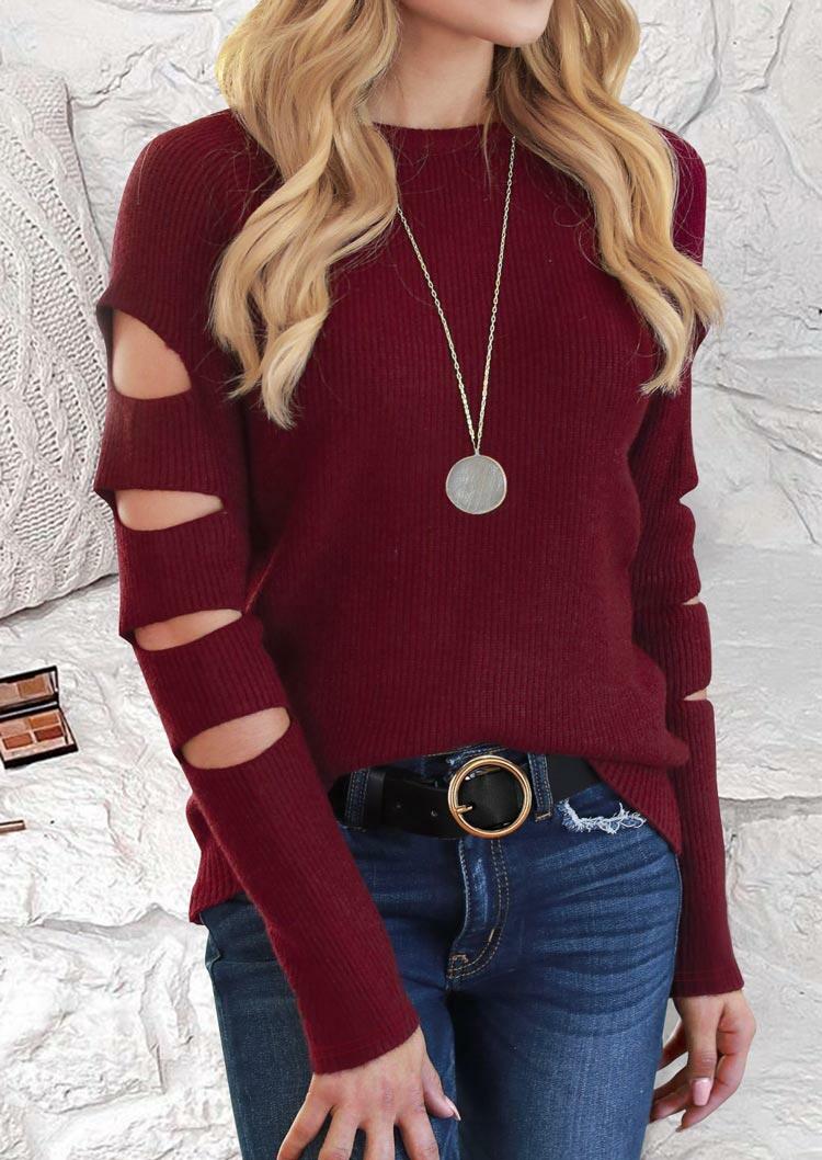 

Sweaters Hollow Out Long Sleeve O-Neck Knitted Sweater in Burgundy. Size