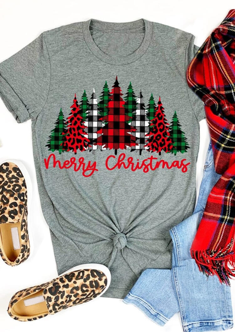 

Merry Christmas Plaid Leopard Tree O-Neck T-Shirt Tee - Gray, 488390