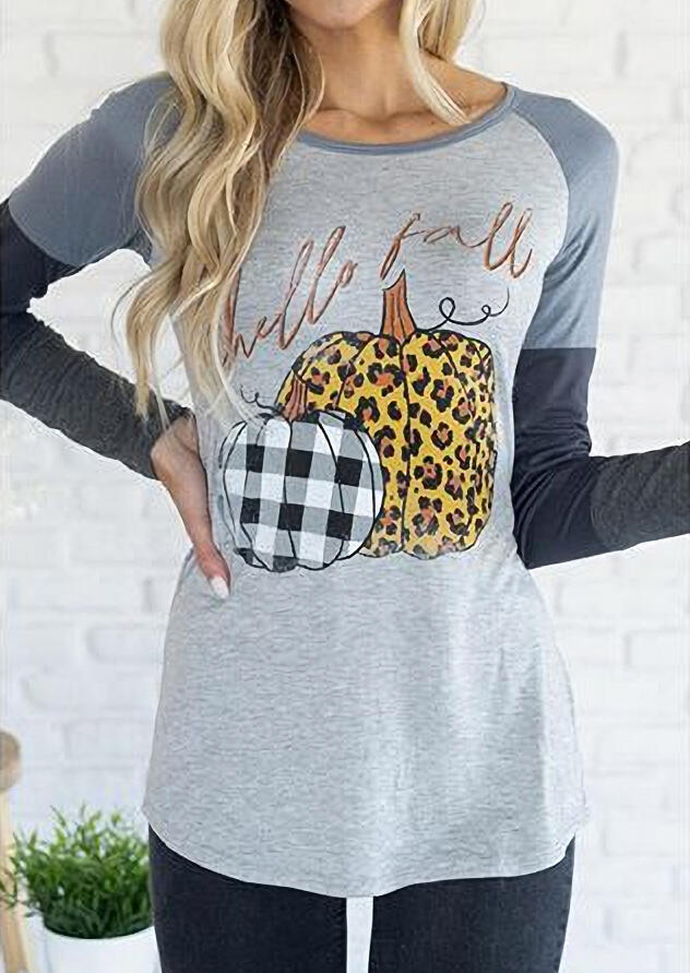 

Hello Fall Leopard Plaid Pumpkin Color Block T-Shirt Tee - Light Grey, 488392