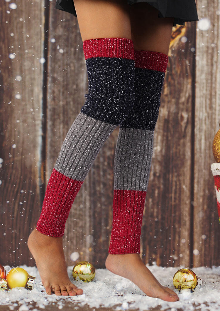 

Knee-High Socks Snowflake Color Block Thigh-High Socks in Red. Size