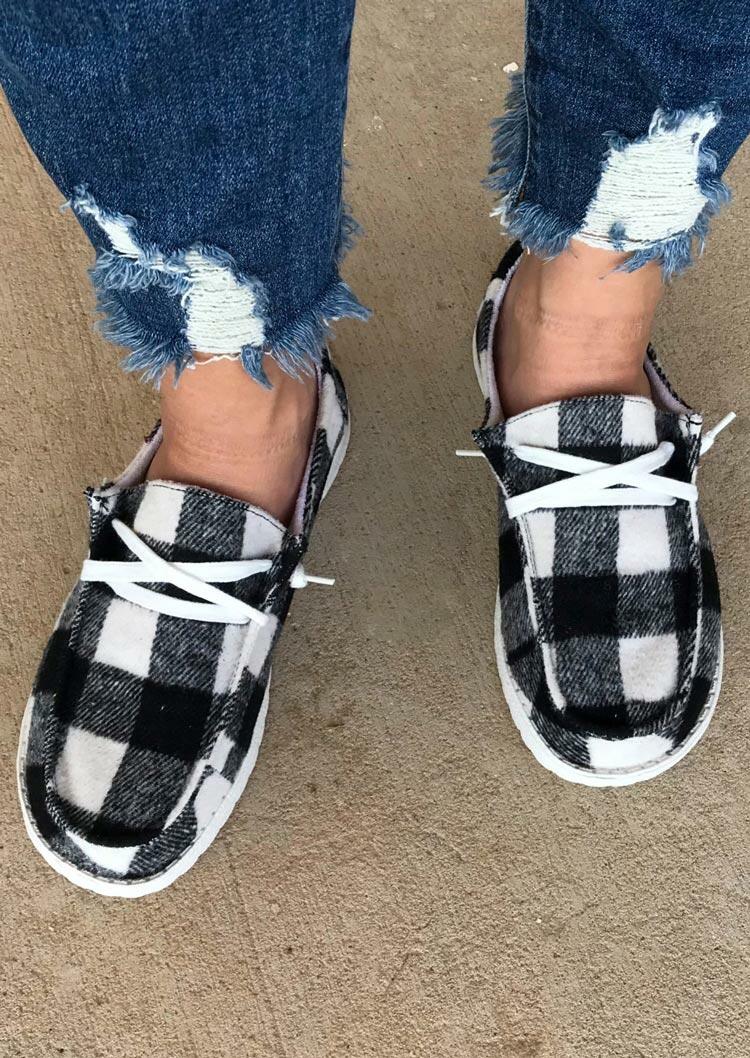 Plaid Lace Up Round Toe Flat Sneakers - Black