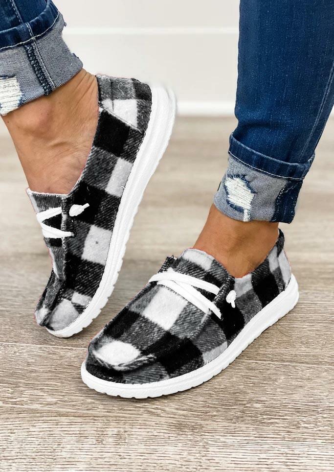 Plaid Lace Up Round Toe Flat Sneakers - Black - Fairyseason